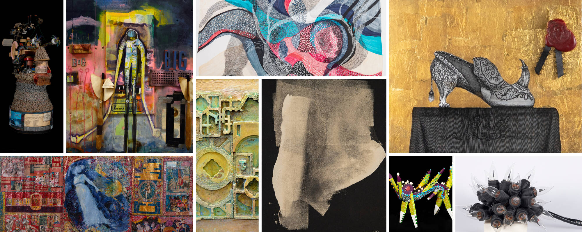 Collage of nine different works of art from the GVSU Art Museum Collection that showcased mixed media artworks.